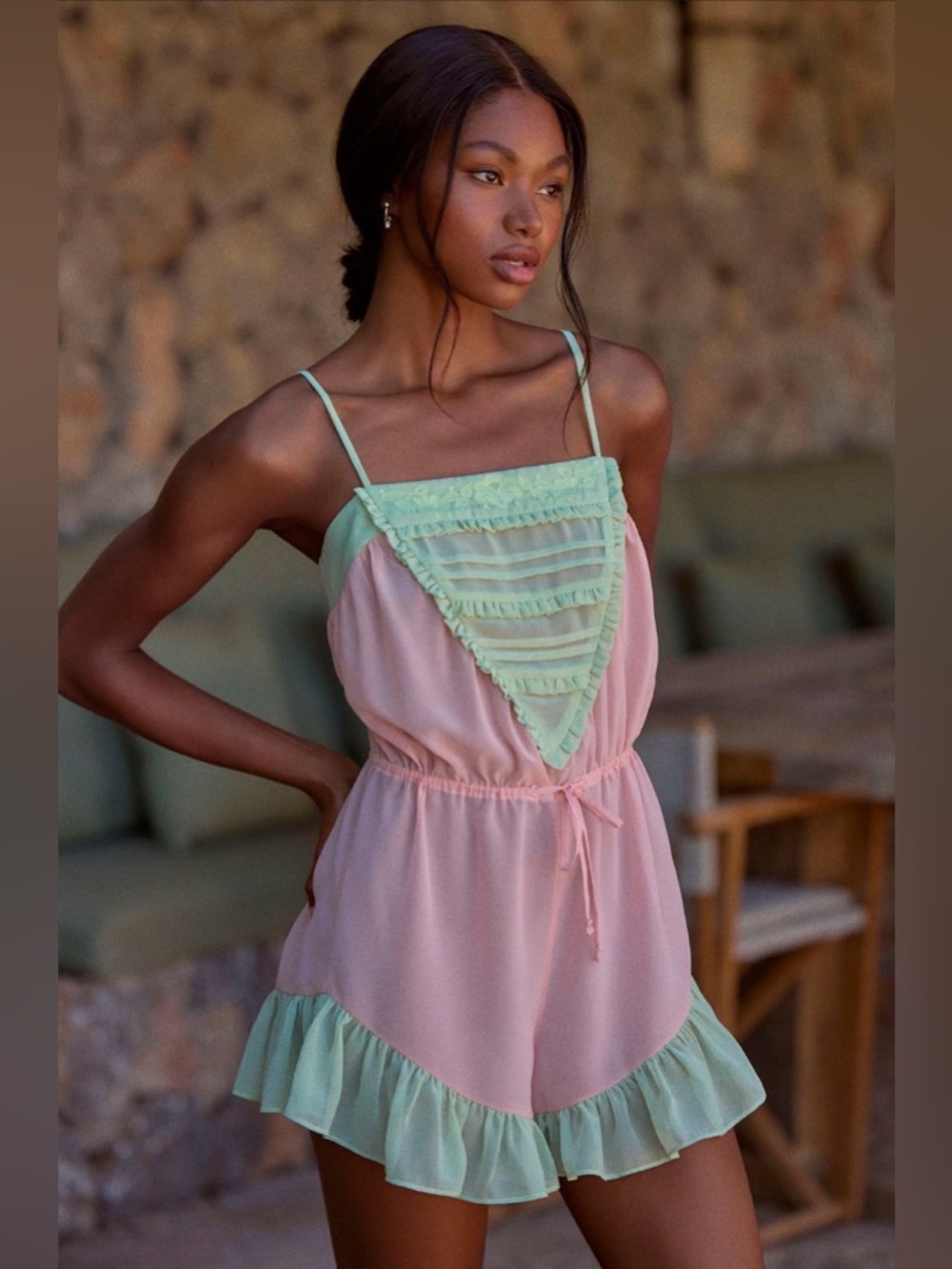 ✨ Anthropologie Sheer Ruffle Romper Sz L